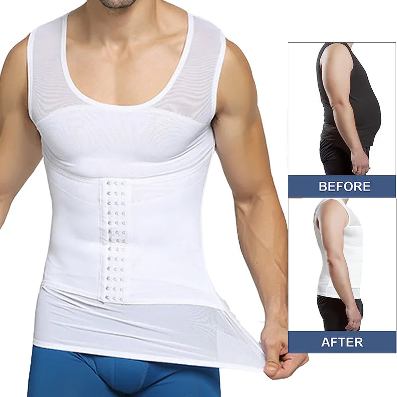 Mens Compression Vest Slimming Body Shaper Shirt Tummy Control Fitness Workout Tank Tops Abs Abdomen Undershirts with Hooks - Cashdust