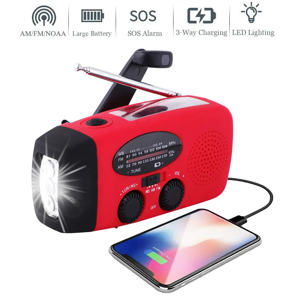 Solar Hand Crank Powered Camping Light With AM/FM Radio Outdoor 2000mAh USB Charging Multifunctional Hand Dynamo LED Flashlight - Cashdust