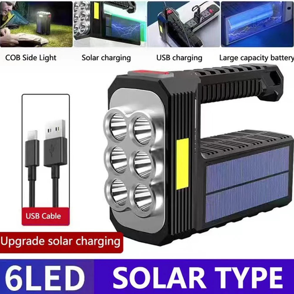 8LED and 6LED Bulbs Solar Charging Handheld Flashlight USB Charge Portable Lamp 4 Bright Lighting Modes Outdoor Searchlight - Cashdust