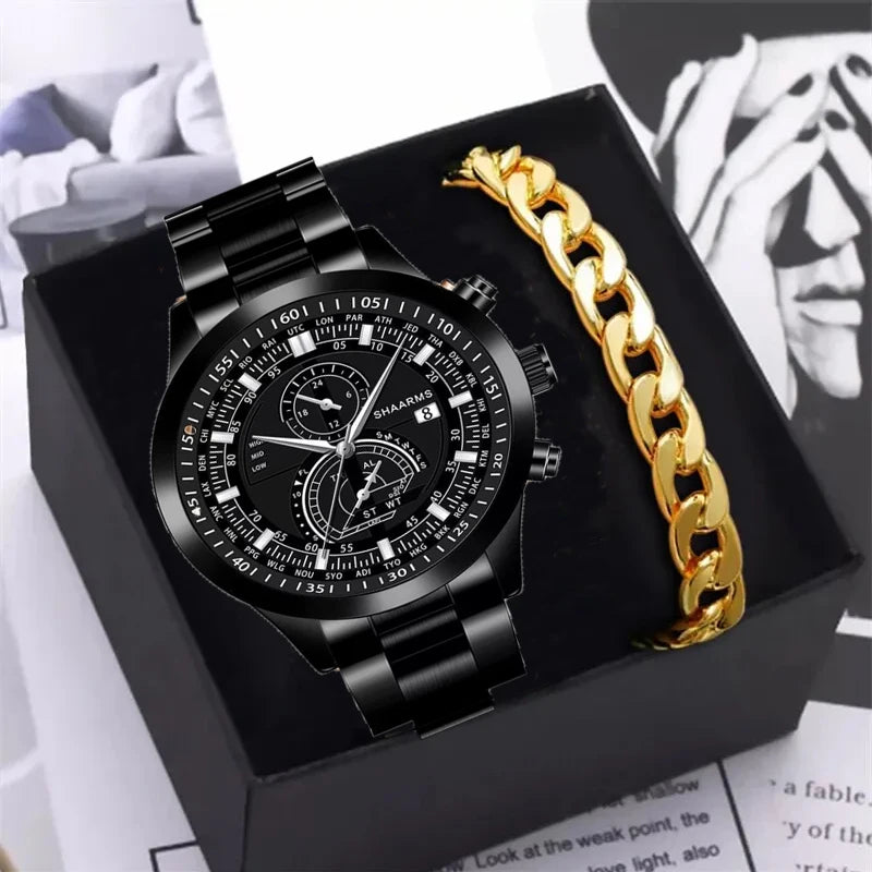 Mens Fashion Business Quartz Watch Fashion Fake Three Eye Six Pin Calendar Men Watch Stainless Steel Belt Men Watches - Cashdust