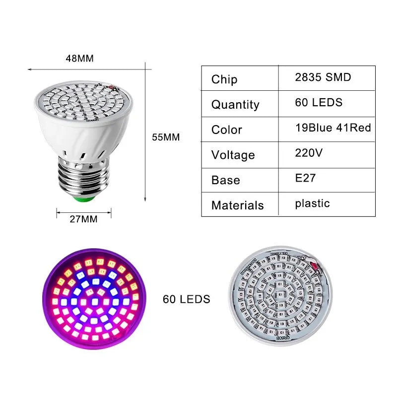 220V E27 60LEDs Plant Grow Light Phyto Lamps Led Full Spectrum Growing Bulb for Greenhouse Hydroponics Growth Fitolampy - Cashdust