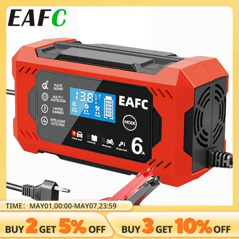 Car Battery Charger 6A 12V Car and Motorcycle Battery Charging Device Lead-acid Battery Smart Repair LCD Display - Cashdust