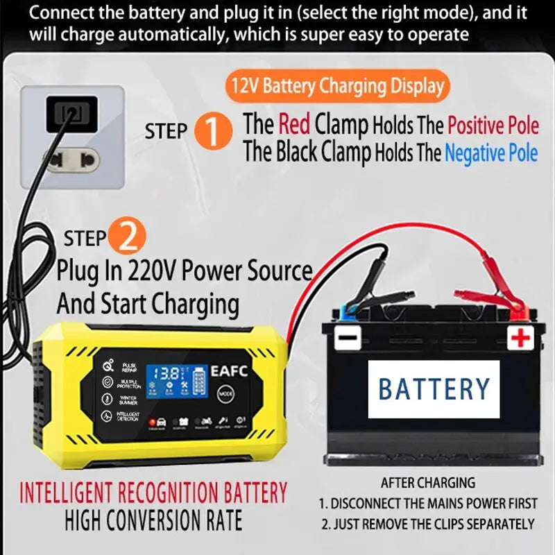 Car Battery Charger 6A 12V Car and Motorcycle Battery Charging Device Lead-acid Battery Smart Repair LCD Display - Cashdust