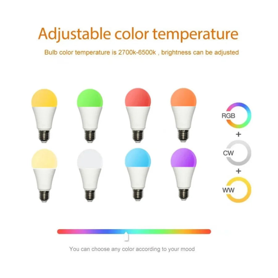 PwwQmm AC220V-110V LED E27 Wireless App 4.0 Bluetooth Smart Bulb Tuya APP Control Dimmable 15W RGB+CW+WW Compatible IOS/Android - Cashdust