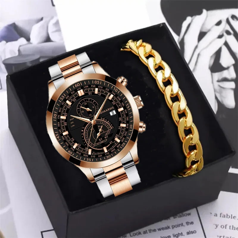 Mens Fashion Business Quartz Watch Fashion Fake Three Eye Six Pin Calendar Men Watch Stainless Steel Belt Men Watches - Cashdust