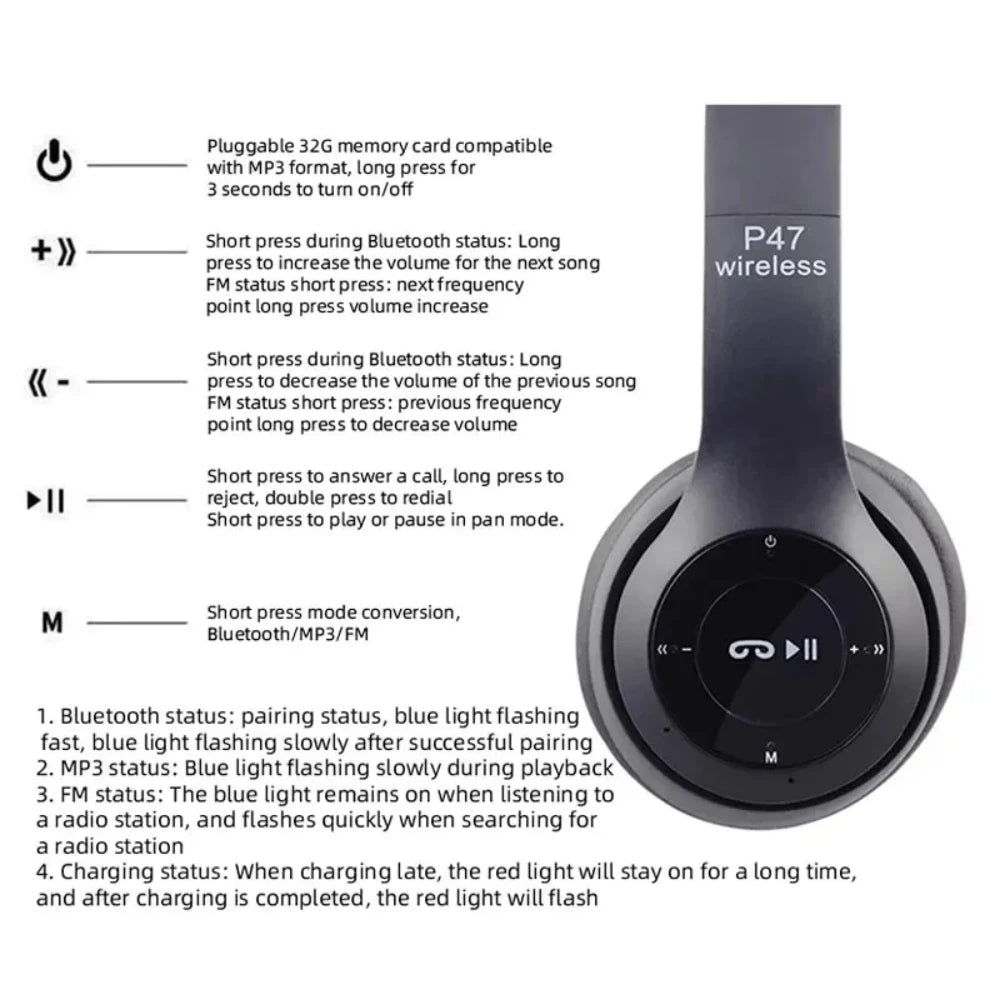 P47 Wireless Bluetooth Headphone With Microphone Foldable Headsets Bass HiFi Sound Music Stereo Earphone For Smartphones TV Game - Cashdust