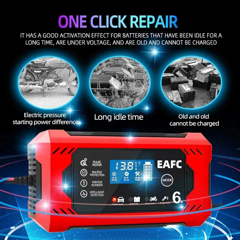 Car Battery Charger 6A 12V Car and Motorcycle Battery Charging Device Lead-acid Battery Smart Repair LCD Display - Cashdust