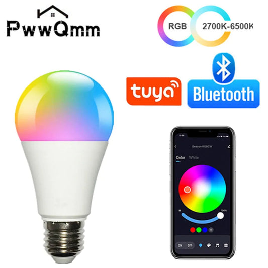 PwwQmm AC220V-110V LED E27 Wireless App 4.0 Bluetooth Smart Bulb Tuya APP Control Dimmable 15W RGB+CW+WW Compatible IOS/Android - Cashdust