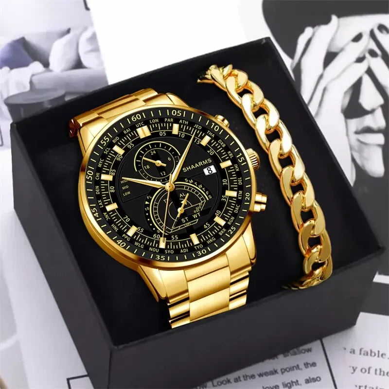 Mens Fashion Business Quartz Watch Fashion Fake Three Eye Six Pin Calendar Men Watch Stainless Steel Belt Men Watches - Cashdust