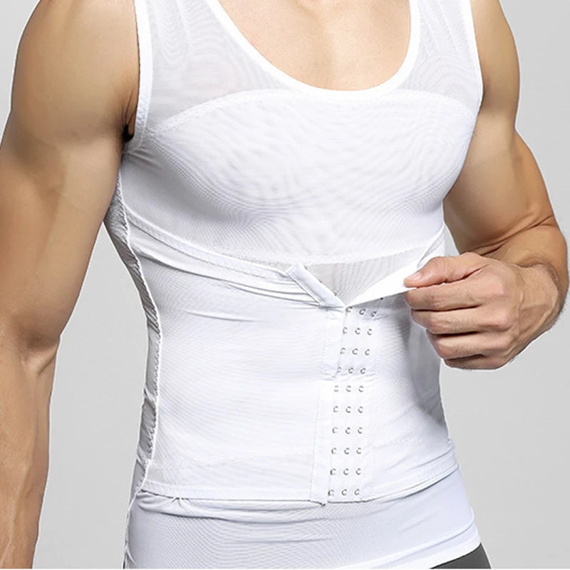 Mens Compression Vest Slimming Body Shaper Shirt Tummy Control Fitness Workout Tank Tops Abs Abdomen Undershirts with Hooks - Cashdust