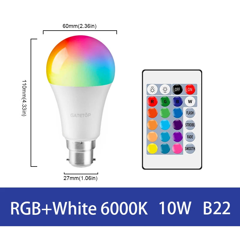 LED RGB Lamp Spotlight Bulb E27 E14 GU10 B22 AC120V 230V Bombillas LED 6W 10W IR Remote Control Led Smart RGBW Lamp Home Decor - Cashdust