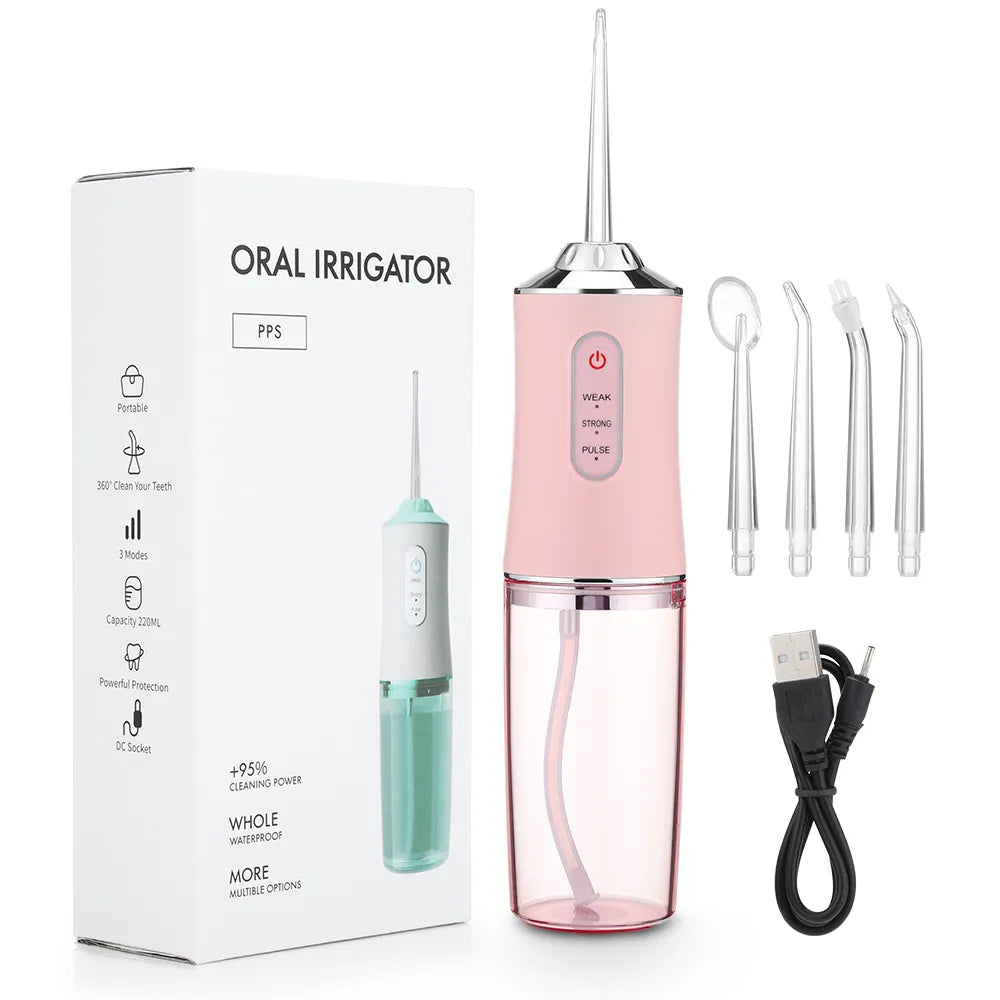 Oral Irrigator Portable Dental Water Flosser USB Rechargeable Water Jet Floss Tooth Pick 4 Jet Tip 220ml 3 Modes IPX7 1400rpm - Cashdust