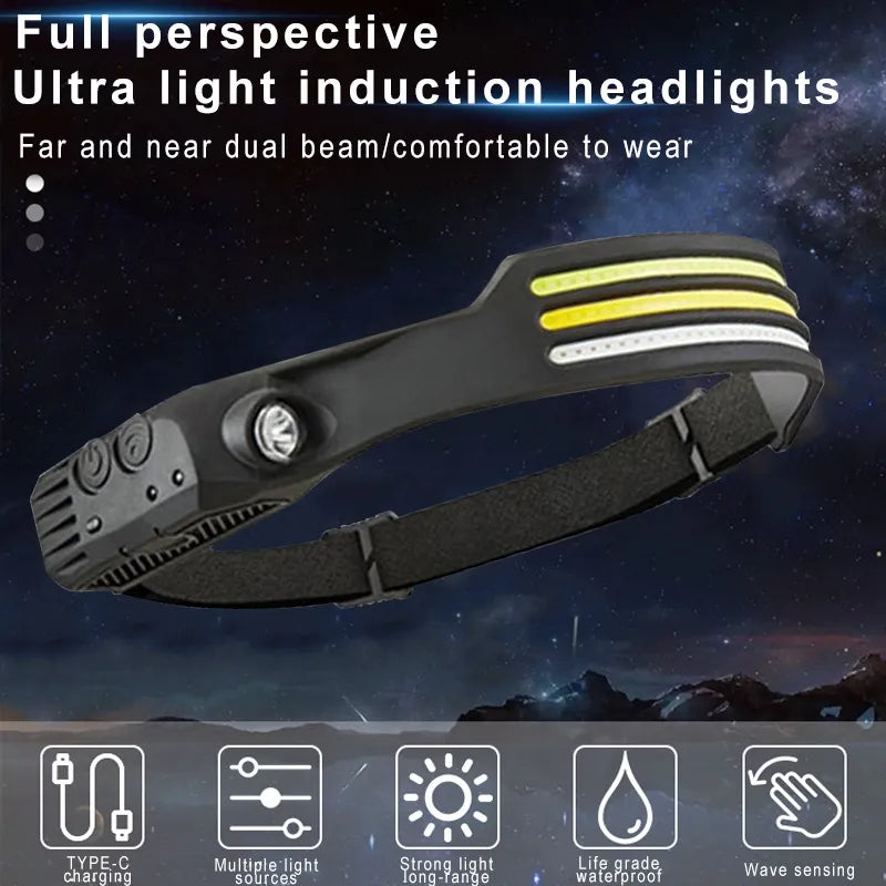 Induction Headlamp COB LED Sensor Head Lamp Built-in Battery Flashlight USB Rechargeable Head Torch 5 Lighting Modes Headlight - Cashdust