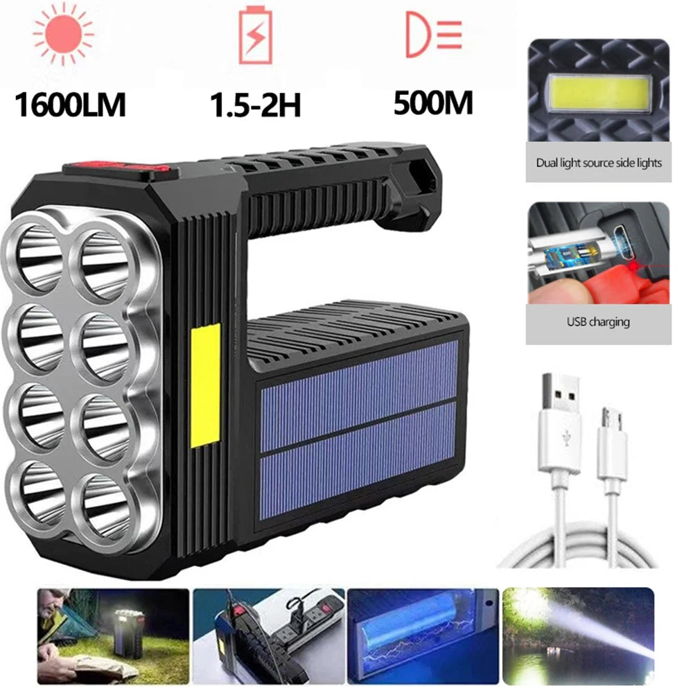 8LED and 6LED Bulbs Solar Charging Handheld Flashlight USB Charge Portable Lamp 4 Bright Lighting Modes Outdoor Searchlight - Cashdust