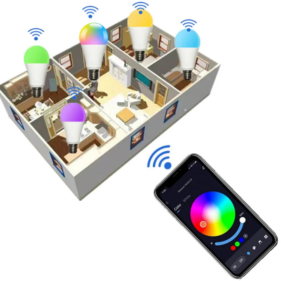 PwwQmm AC220V-110V LED E27 Wireless App 4.0 Bluetooth Smart Bulb Tuya APP Control Dimmable 15W RGB+CW+WW Compatible IOS/Android - Cashdust