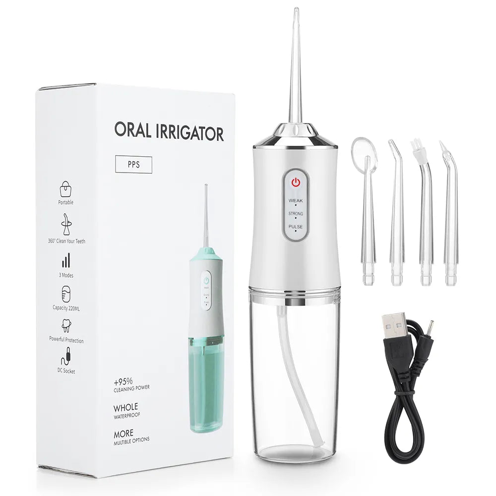 Oral Irrigator Portable Dental Water Flosser USB Rechargeable Water Jet Floss Tooth Pick 4 Jet Tip 220ml 3 Modes IPX7 1400rpm - Cashdust