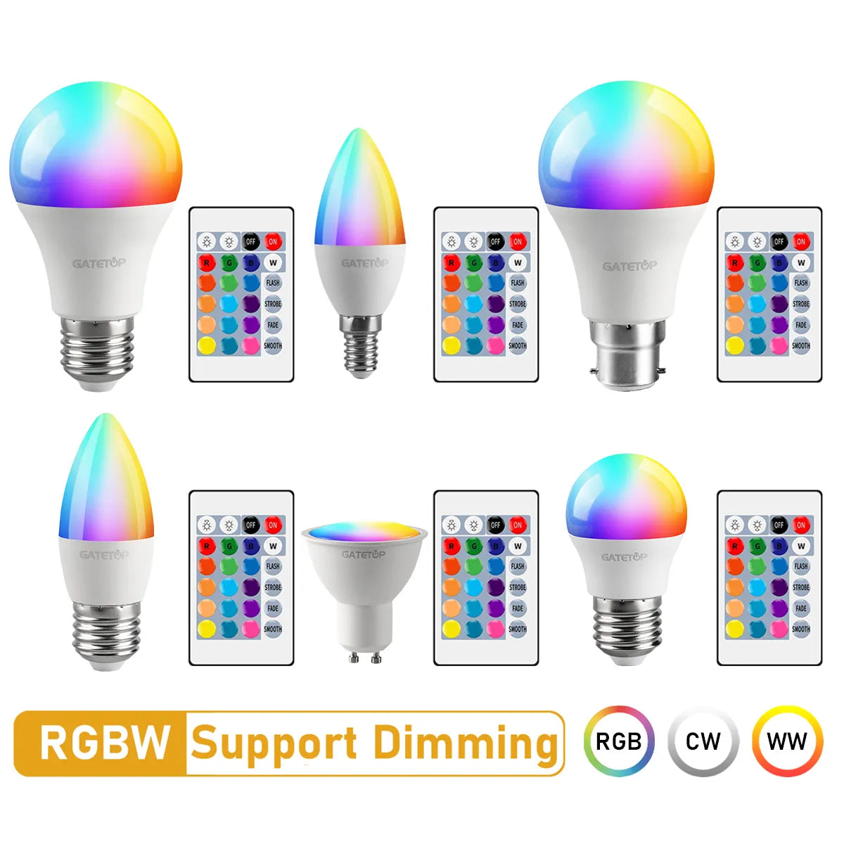 LED RGB Lamp Spotlight Bulb E27 E14 GU10 B22 AC120V 230V Bombillas LED 6W 10W IR Remote Control Led Smart RGBW Lamp Home Decor - Cashdust