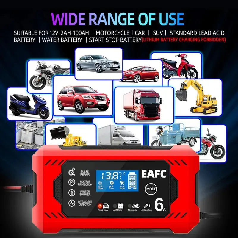 Car Battery Charger 6A 12V Car and Motorcycle Battery Charging Device Lead-acid Battery Smart Repair LCD Display - Cashdust