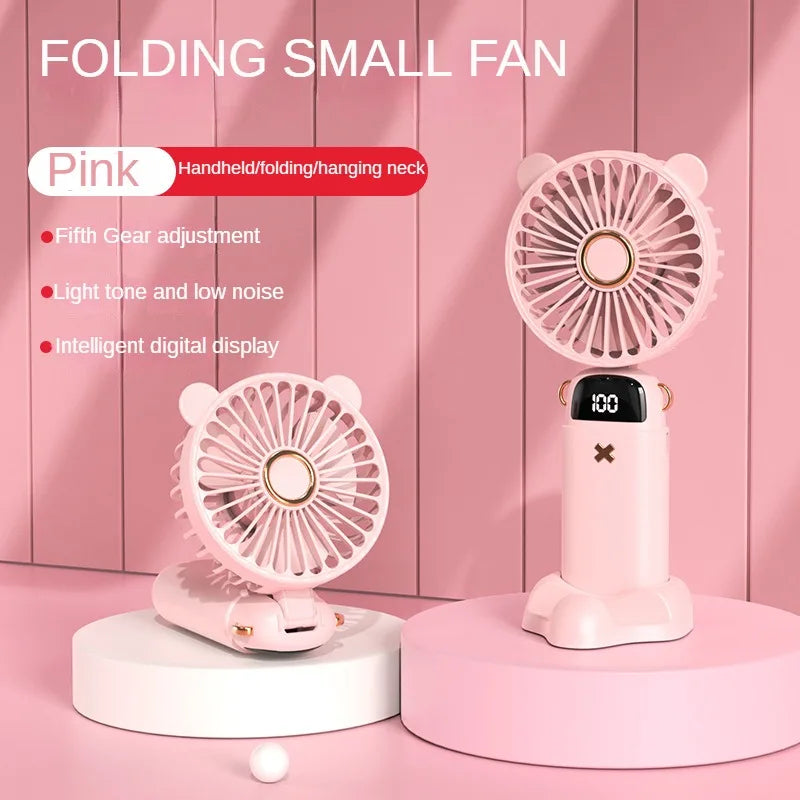 3000mAh Handheld Mini Fan Foldable Portable Neck Hanging Fans 5 Speed USB Rechargeable Fan with Phone Stand and Display Screen - Cashdust