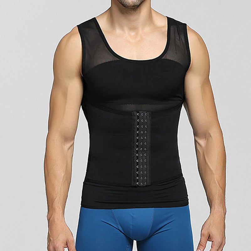 Mens Compression Vest Slimming Body Shaper Shirt Tummy Control Fitness Workout Tank Tops Abs Abdomen Undershirts with Hooks - Cashdust