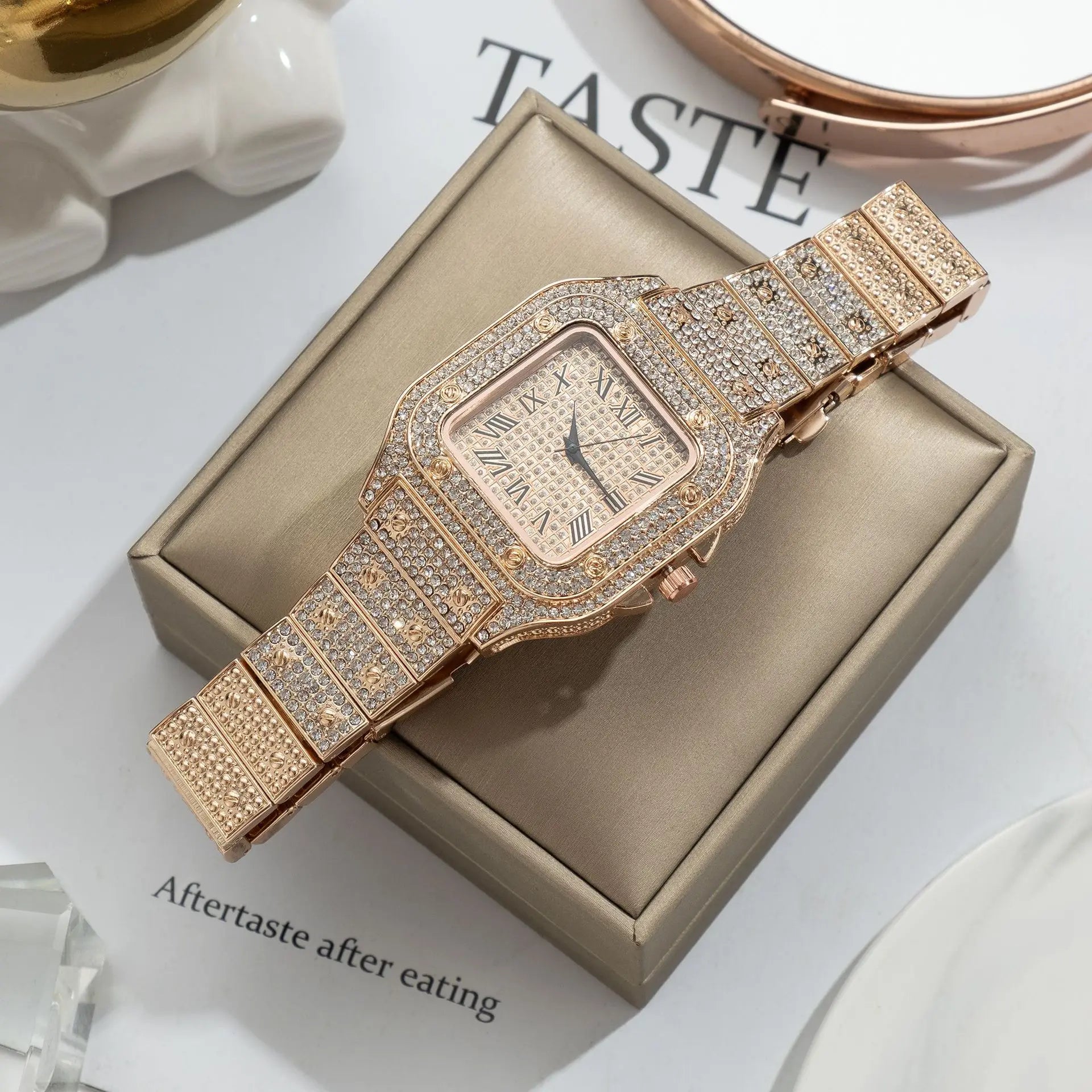 UTHAI L77 Watch For Men Fashion Luxury Gold Square Diamond Full Sky Star Male's Clock Watches Steel Band Quartz Wristwatch - Cashdust