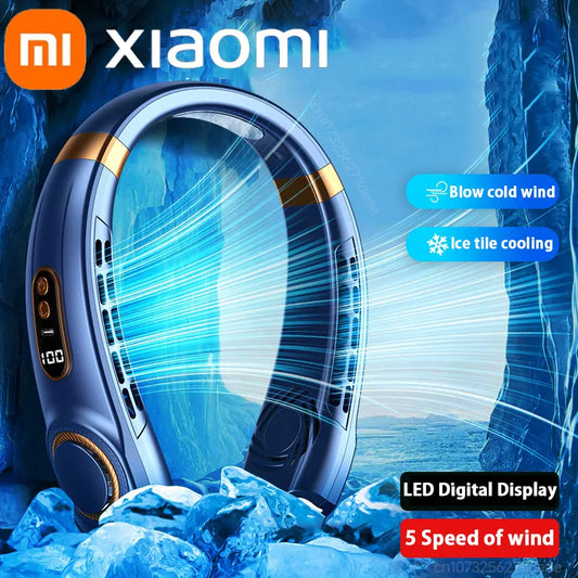 Xiaomi Portable Neck Fan USB Handheld Mute LED Digital Display Leafless Mini Electric Fan Colorful Atmosphere Lights 5th Gear - Cashdust